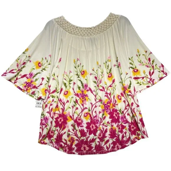 JM Collection XL Floral Boho Top Cream/Pink Short Bell Sleeves Smocked Neckline - Picture 3 of 13